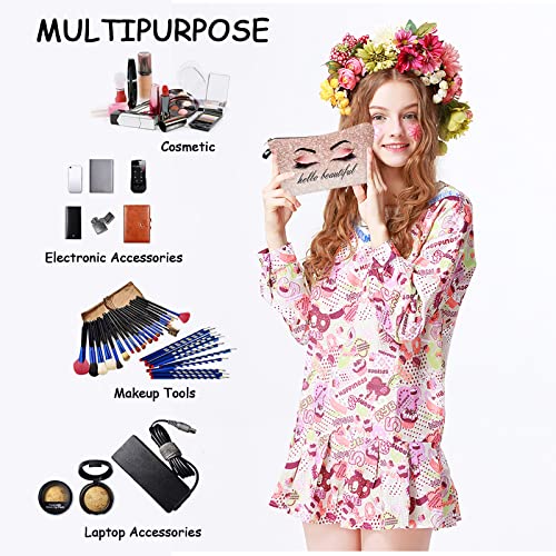 Hello Beautiful Makeup Bag for Purse Eyelash Pink Cosmetic Bags for Women Inspirational Gift Small Funny Cosmetics Glitters Eyeshadows Travel Bag Cases for Toiletries Accessories Organizer