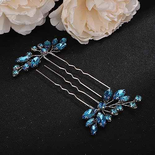 Teyglen 3pcs Rhinestone Hair Pins Set - Handmade Crystal Hair Pieces for Bride, Women, Girls (Lake Blue)
