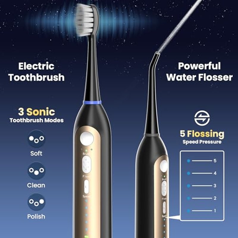 Water Flosser & Ultrasonic Electric Toothbrush Combo, 3-Mode Flossing Toothbrush with 5 Adjustable Speeds for Deep Clean, Wireless Fast Charge & 30-Day Portable Power for Travel Kit, Gift (Black)