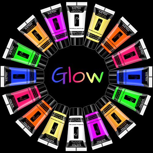 NewWay Luminous Neon Face & Body Paint Glow in the Dark Party Supplies MakeUp Cream Paint Light For Halloween Christmas 8 Color 0.7 fl oz x 16 Tubes