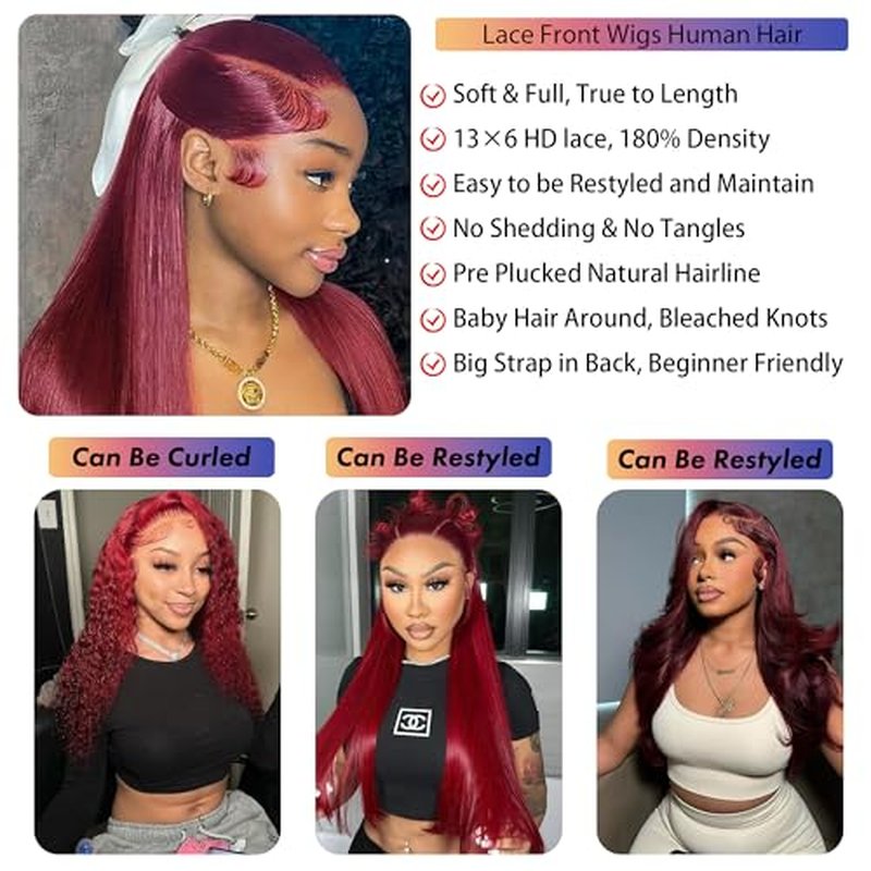 99j Burgundy 28 Inch Straight Wig Human Hair 13x6 Hd Lace Front Human Hair Wigs For Black Women Glueless Lace Front Wigs Pre Plucked 180% Density Red Wig