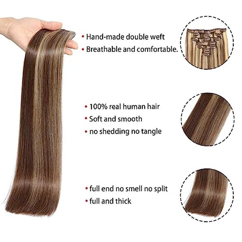 Straight Human Hair Clip in Extensions 22 Inch 120g 7pcs Clip in Hair Extensions Brazilian Remy Human Hair 16 Clips Double Weft Human Hair For Women (22 Inch, #4p/27 Medium Brown/Dark Blonde)
