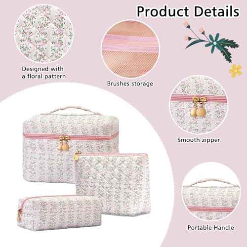 3Pcs Quilted Floral Makeup Bag Cosmetic Bag for Women Teen Girls,Cute Pink Make Up Bags,Aesthetic Large Cotton Cosmetic Pouch,Flower Coquette Travel Toiletry Organizer Storage Bag
