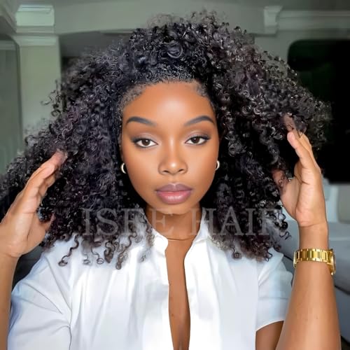 ISEE Half Wig Human Hair Glueless Wigs Upgrade 3 IN 1 Half Wig With Drawstring Seamless Clip Ins Flip Over Kinky Curly Human Hair No Glue No Lace For Women 180% Density 18 Inch