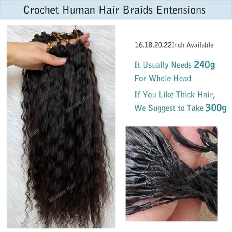 Knotless Crochet Human Hair Braids Extensions Pre Separated Wet and Wavy Brazilian Virgin Human Hair Braiding Bundles With Threading for Black Women Micro Link Meadow Hair 22inch 60g