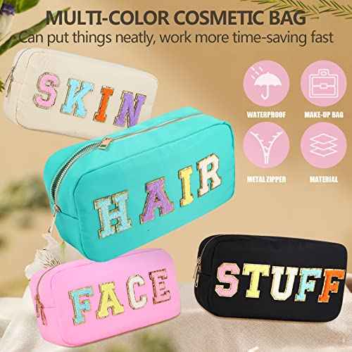 4PCS Nylon Zipper Waterproof Preppy Makeup Organizer Bag Set - Cosmetic Stuff Pouch for Women Travel Toiletry Organization Outdoor with Chenille Letter Patches