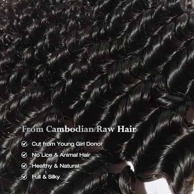 ASHINE Human Hair Bundle Deep Wave Unprocessed Cambodian Raw Hair 24 Inch, Flip Over Quick Weave Wet and Wave Bundles for Women Natural Black