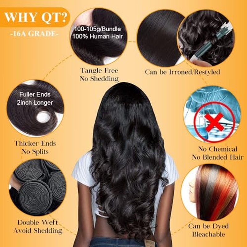 QTHAIR Brazilian Virgin Hair 16A Grade Body Wave Bundles 100% Unprocessed Virgin Brazilian Body Wavy Human Hair Bundles 20" 18" 16" 300g Brazilian Body Wave Human Hair Extensions