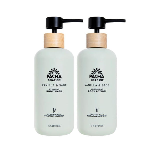 Pacha Soap Co. Body Wash & Lotion Set - Vanilla & Sage Scent, Hydrating & Moisturizing Formula with Clean Ingredients and Essential Oils, Paraben and Dye-Free, Made in USA, 2-Pack, 16 fl oz Each