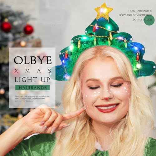 Olbye Light Up Christmas Headbands LED Christmas Tree Hairbands Glow Hair Hoop Star Xmas Costume Headpiece Festival Headwear Holiday Party Hair Accessories for Women