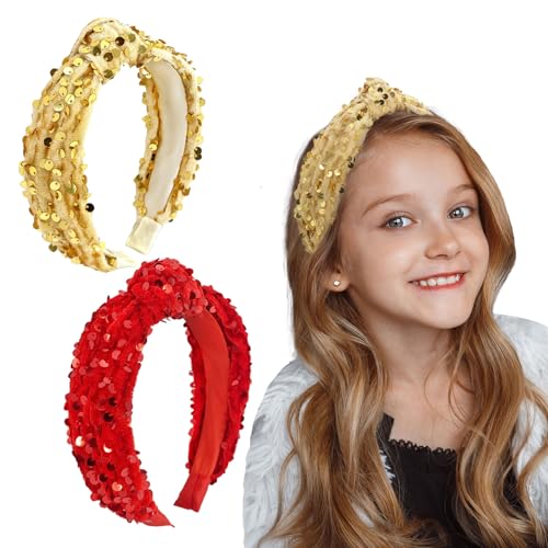 Christmas Knotted Headbands for Women Girls Non Slip Toddler Girl Sequin Headbands Wide Top Knot Head Bands Velvet Hairbands Fashion Hair Accessories for Girl (Red & Gold, 2Pcs)