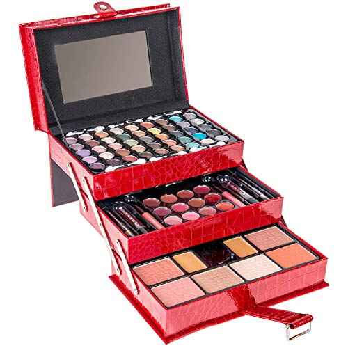 SHANY All In One Makeup Set, Eyeshadow, Blushes, Face Powder, Lipstick, Eye liners, Make up Pencils and Cosmetics Mirror - Makeup Kit With Reusable Storage Beauty Box - Red