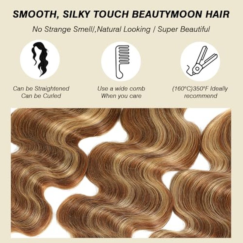 Ombre Highlight Body Wave Bundles Human Hair Honey Blonde 3 Bundles Human Hair 18 20 22 Inch Soft and Healthy 100% Unprocessed Brazilian Virgin Remy Hair Double Weft for Black Women p4-27