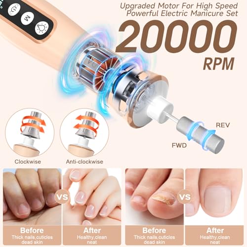 Professional Manicure Pedicure Kit with 360¡Æ LED Light&10 Speeds&Memory Mode with Case, Cordless Electric Nail Drill, Pedicure Tools for feet,Hand Foot Care Nail File for Thick Nail Toenail Cuticle