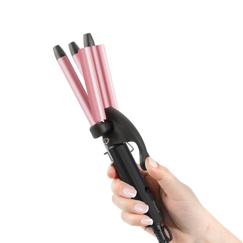 Mini Hair Crimper 4 Temperature Adjustable, 1/2 Inch Small 3 Barrel Curling Iron Hair Waver Dual Voltage Travel Size, Tiny Crimper Hair Tool Create Natural Tight Beachy Waves (Rose Pink)