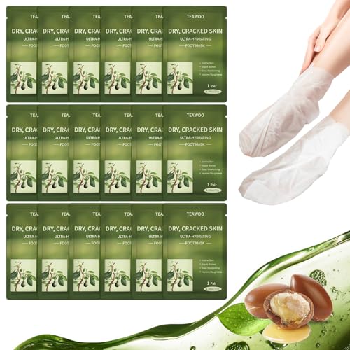 18 Pairs Moisturizing Foot Masks with Shea Butter, Jojoba Oil, Vitamin E & Urea, Intensely Hydrating Foot Mask For Dry Cracked Feet, Moisturizing Socks for Cracked Heel Treatment