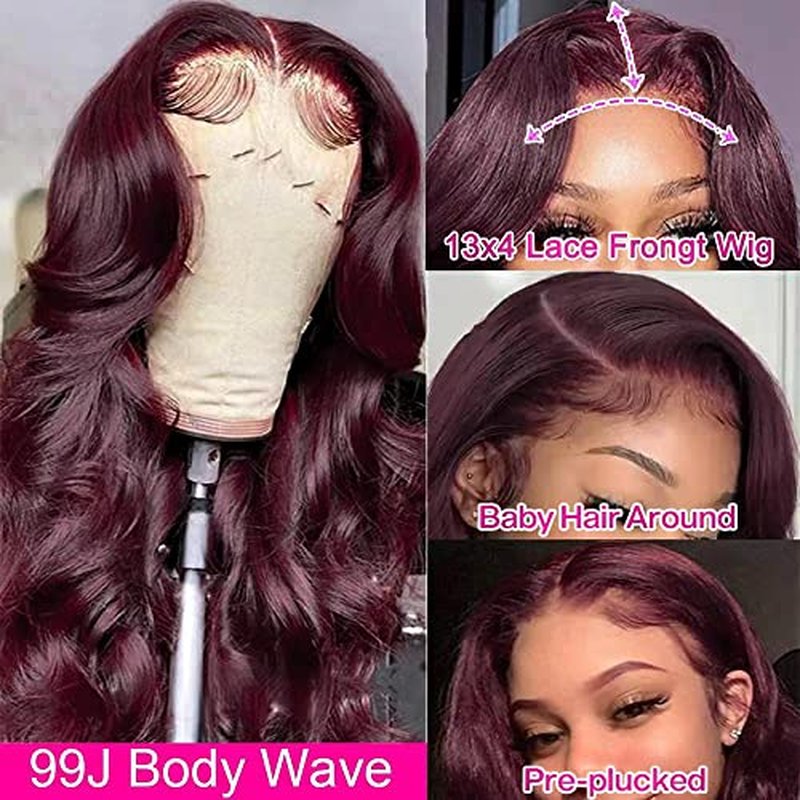 Burgundy Body Wave Lace Front Wigs Human Hair Pre Plucked with Baby Hair 180% Density 13x4 HD Transparent Glueless Lace Frontal Wigs for Women Natural Hairline (24inch)