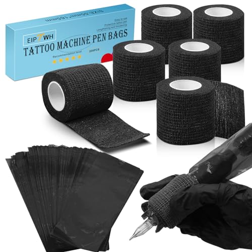 200PCS Tattoo Pen Covers with 6PCS Tattoo Grip Tape,Black Tattoo Machine Wraps Covers with Tattoo Pen Sleeves Bags Set Tattoo Supplies