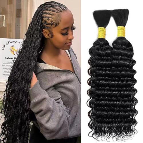 Human Braiding Hair for Boho Braids 28 Inch Deep Wave Bulk Human Hair for Braiding No Weft Brazilian Virgin Curly Human Hair Extension Wet and Wavy Micro Human hair Braiding Hair 2 Bundles/Pack 100g