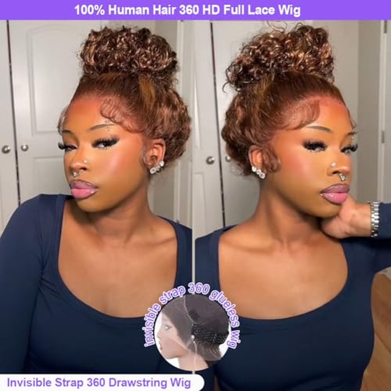 Highlight 360 Lace Front Wigs Human Hair Honey Blonde Deep Wave HD Lace Front Wigs Human Hair Pre Plucked Drawstring 360 Frontal Glueless Wigs 180 Density 4/27 Ombre Full Lace Wig 20 Inch