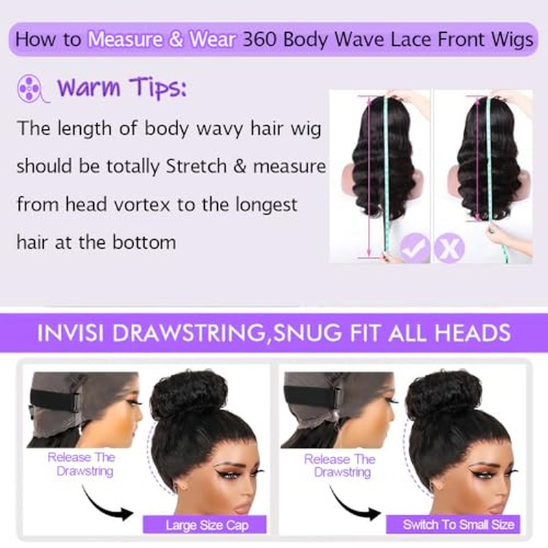 Body Wave Lace Front Wigs Human Hair Invisible Strap 360 HD Lace Front Wigs Human Hair Pre Plucked Drawstring 360 Lace Frontal Wig 180 Density Glueless Wigs Human Hair for Women 20 Inch