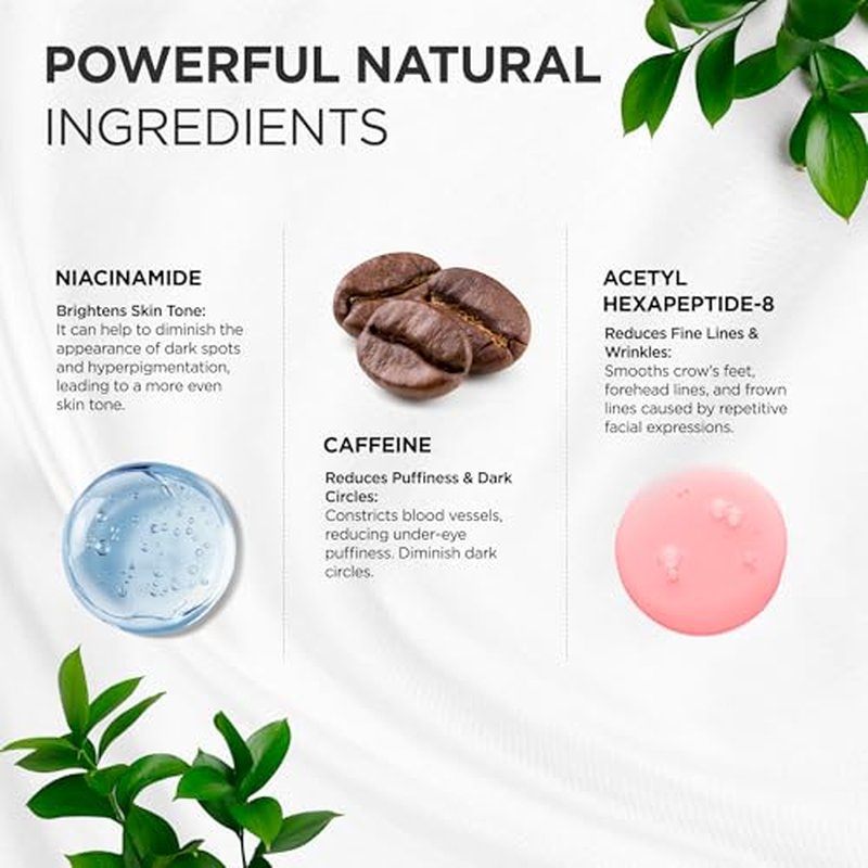 Under Eye Cream for Puffiness and Bags: Caffeine Serum Roller for Dark Circles Treatment - With 5% Caffeine Retinol Hyaluronic Acid Niacinamide Peptides 0.5 fl. oz