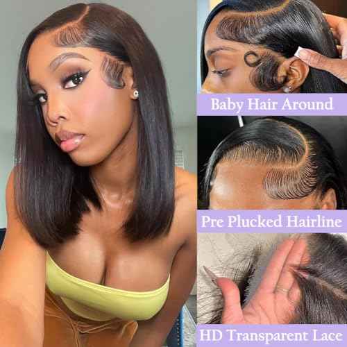 Short Bob Wig Human Hair Straight Bob Lace Front Wigs Human Hair for Women 180 Density Glueless Brazilian Virgin Human Hair Bob Wig 13x4 HD Transparent Lace Frontal Bob Wigs Natural Black 8 Inch