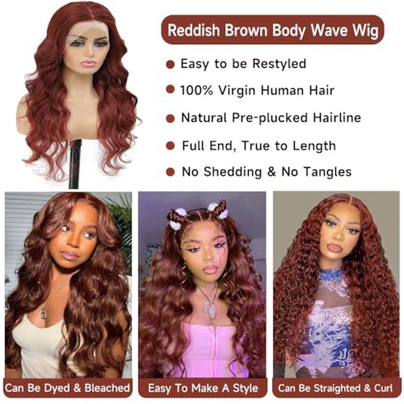 MUPRETTY Reddish Brown Lace Front Wigs Human Hair 180% Density 13x4 Auburn Colored Body Wave Wig Human Hair Pre Plucked Natural Hairline(22Inch,13x4 Lace Front Wig)