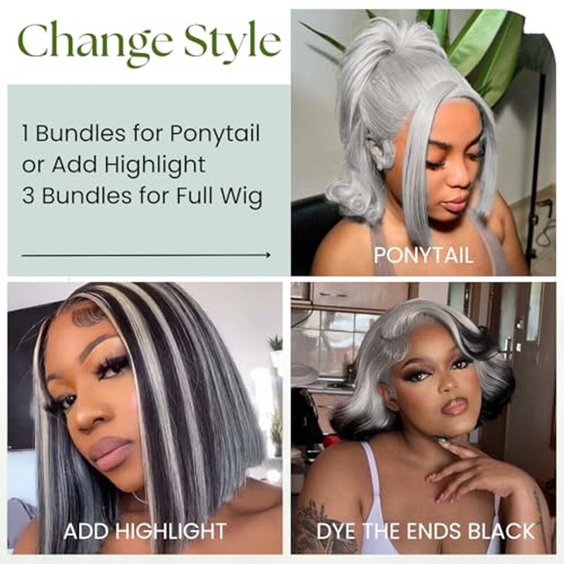 Grey Color Straight Bundles Human Hair, Short 12A 100% Unprocessed Virgin Remy Bundles Lavender Silver Gray Human Hair Soft and Thick Sew In Quick Weave 10 12 14 Inch for Women