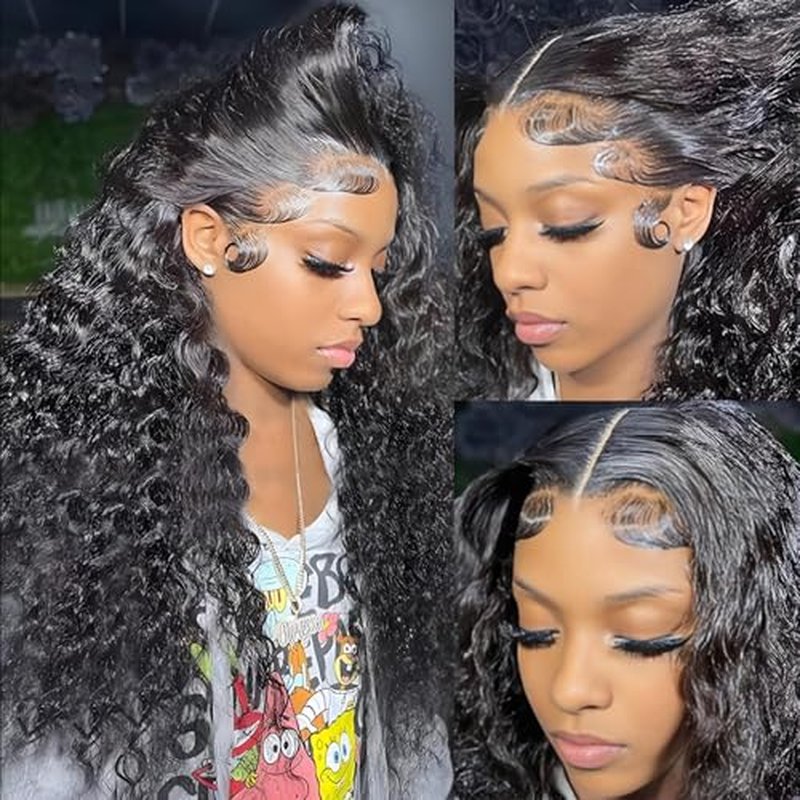 Nakkia 24 Inch Deep Wave Lace Front Wig Human Hair 13x6 HD Transparent Lace Frontal Wigs 180% Density Deep Curly Human Hair Pre Plucked Glueless Wigs for Women Natural Color