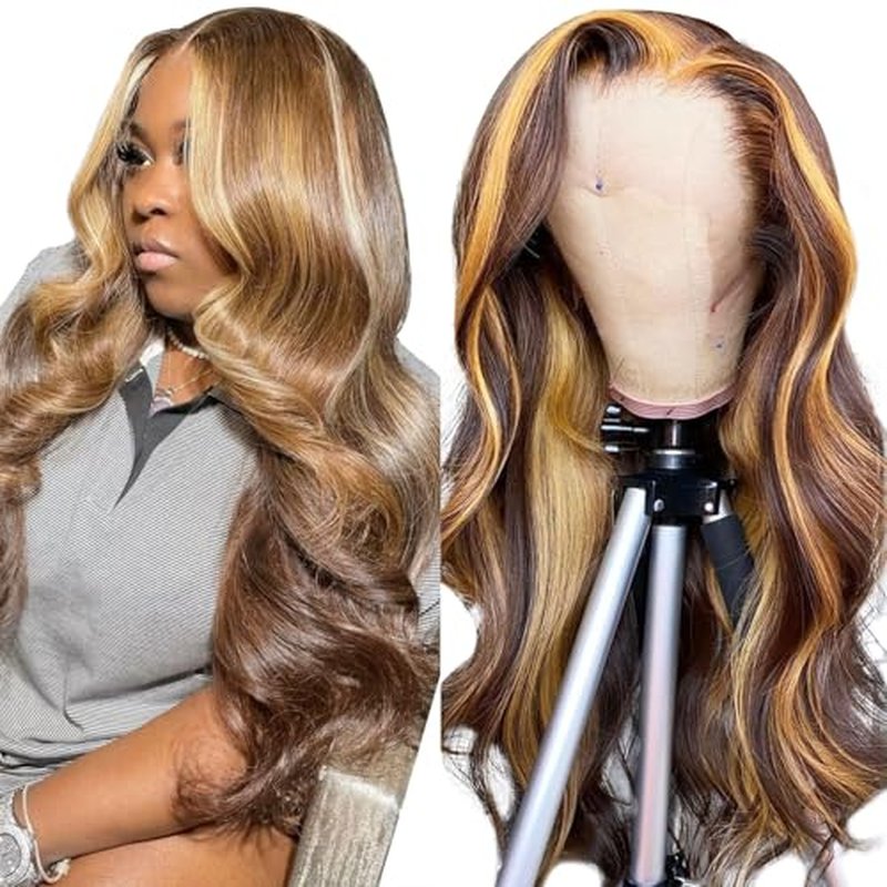 Body Wave Highlight Ombre Lace Front Wig Human Hair Pre Plucked 13x4 HD Transparent 4/27 Colored Honey Blonde Lace Frontal Wigs with Baby Hair 200% Density Lace Front Wigs For Women (24 Inch)