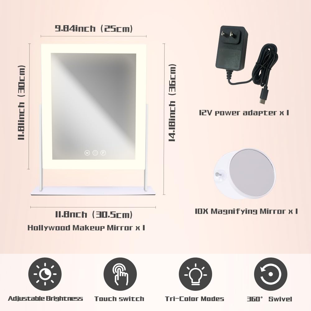 COOLJEEN Lighted Makeup Mirror, Hollywood Makeup Mirror with Lights, 3 Color Lighting Modes Vanity Mirror with Lights, 10X Magnification, 360°Rotation(12 inch)