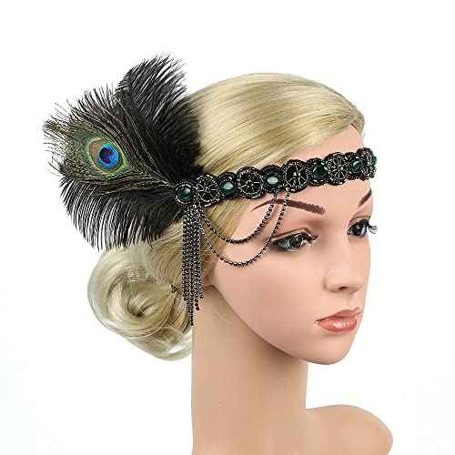 STIOEDYUAN 1920s Feather Headband Flapper Headpiece Beaded Gatsby Rhinestone Hair Chain Accessories Women Tassel Headdress