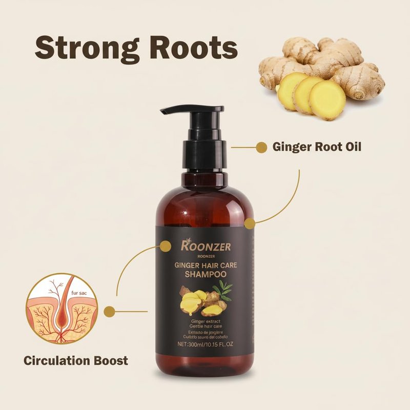 ROONZER ginger shampoo Blend of Ginger Root Oil & Premium Hair Care Components- Hair Regrowth Shampoo, Hair Growth, Anti-Hair Loss Hair Shampoo for Women & Men 300ml