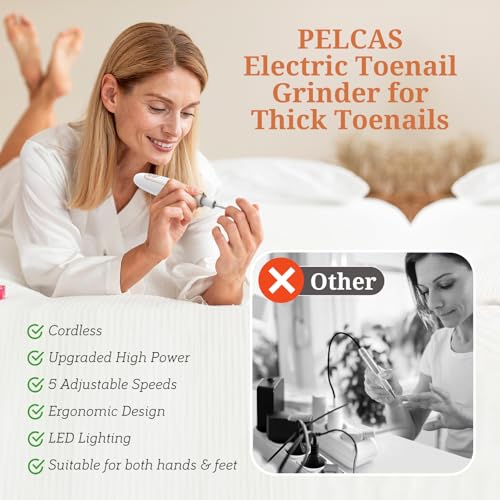 PELCAS Electric Toenail Grinder for Thick Toenails, 5 Speeds Manicure and Pedicure Kit, Cordless Nail Drill with LED Light, Electric Nail File for Human, Pet, Thick Toenails, Natural & Acrylic Nails