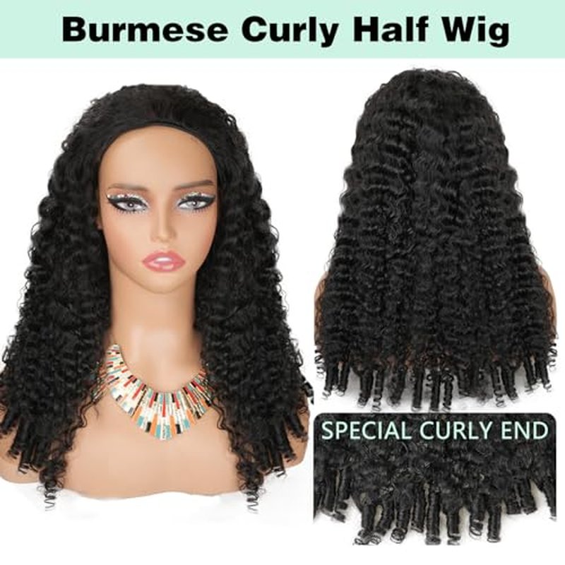 Burmese Curly Half Wigs Human Hair 3 In 1 Seamless Flip Over Half Wigs With Drawstring for Women Glueless Wig Human Hair with Spiral End,Water Wave Headband Wig,Beginner Friendly,200% Density (18inch)