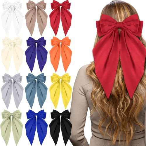 Hoteam 12 Pcs Silky Satin Oversized Hair Bows Bulk Big Hair Bows for Women Long Tail Large Bowknot Barrettes Hair Barrettes Clips Ribbon Bows Hair Accessories Gifts (Vibrant)