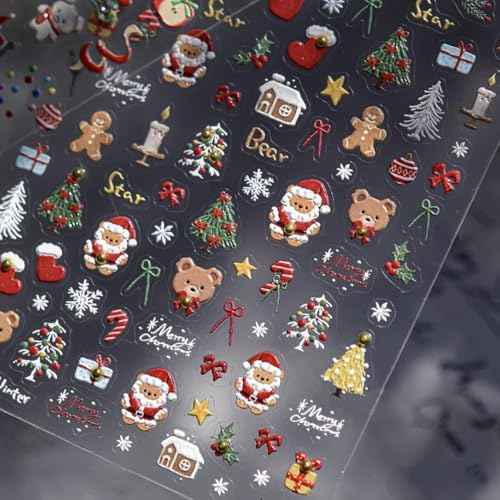 1 Sheet Christmas Nail Sticker Self- Adhesive Nail Decals with Cute Snowman Candle Snowflake Bow Elk Santa Claus Design Xmas Nail Art Stickers for Women Winter Holiday Nail Sticker