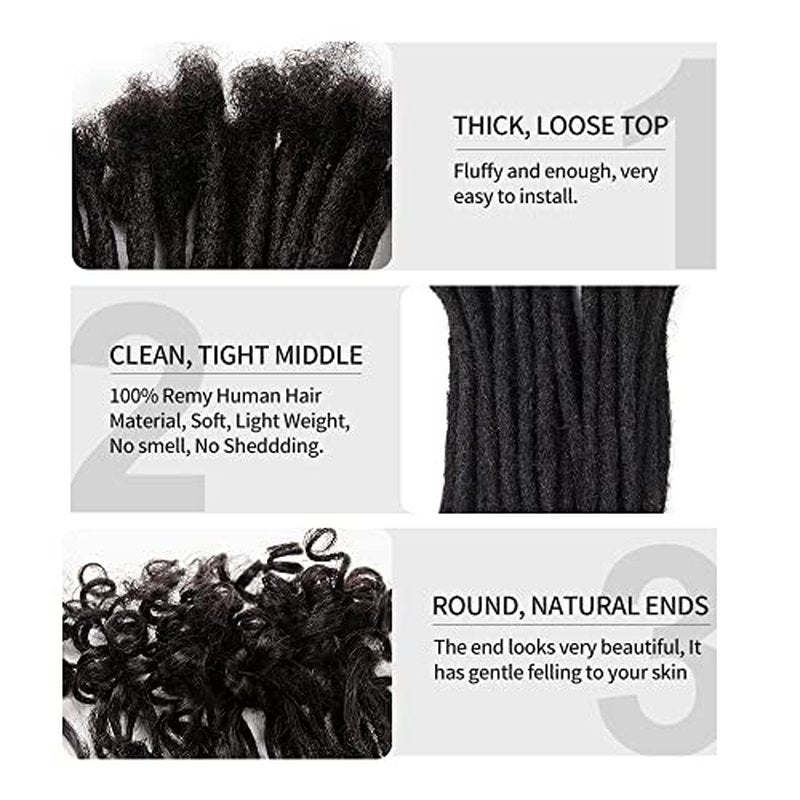 Loose Curly Ends Human Hair Dreadlocks Extensions 0.4cm-0.8cm Width 8-16 Inch 100% Human Hair Handmade Loc Extensions with Needle and Comb (10 Inch 20 Strands, 0.6cm Width, Natural Black)