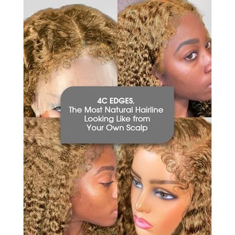 4C Edges HD Lace Front Wig Human Hair Honey Blonde Kinky Curly Wig, 13x4 Lace Frontal Kinkycurly Wigs with 4C Kinky Edges Hairline Pre-Plucked 180% Density 16 inch