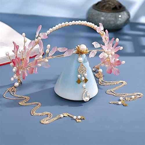 Long Tassel Headbands Hairband Simulated Pearl Leaf Tiaras and Crowns Hanfu Forehead Jewelry for Women Girls Hair Accessories (Metal Color : Style 1)