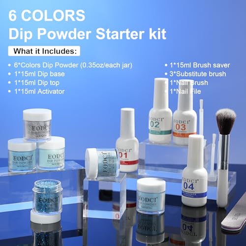 12 Pcs Dip Powder Nail Kit Starter, 6 Colors Glitter Blue Snow Dipping Powder Kit With Base & Top Coat/Activator/Brush Saver, Nail Art Manicure Salon DIY for Daily at Home Party Gifts for Women