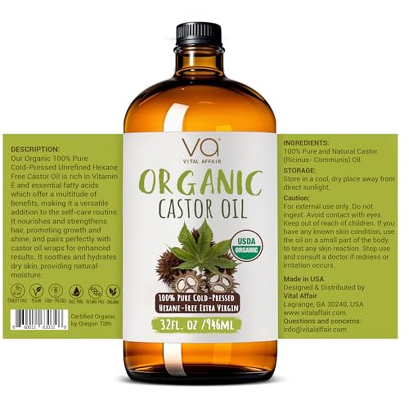 Pure Organic Castor Oil 32oz ? Cold Pressed, Unrefined, USDA Organic ? Glass Bottle for Hair Growth, Eyelashes, Eyebrows, Face & Castor Oil Packs