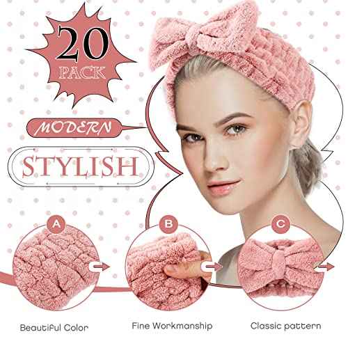 Yunlly 20 Pcs Spa Headband for Women 4 Inches Width Facial Makeup Hair Band Bulk Skincare Headbands for Washing Face Bowtie Slumber Party Supplies Fluffy Head Wraps(Rose Pink)