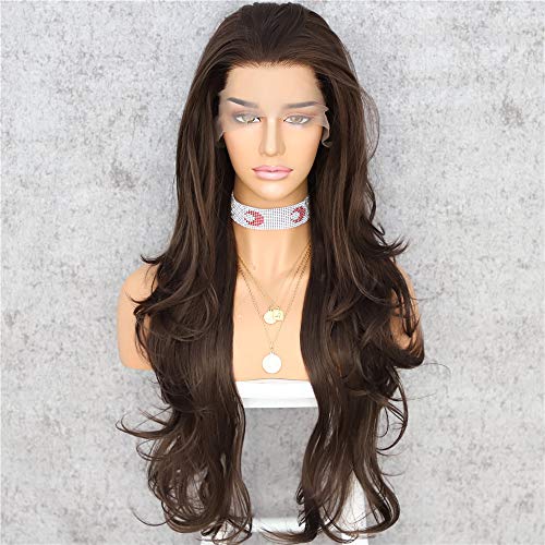 SAPPHIREWIGS Dark Brown Long Wavy T-Part Lace Front Wig For Women Natural Looking Heat Resistant Black Synthetic Hair Wigs 26inch