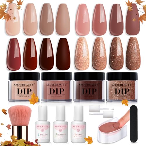 AZUREBEAUTY Dip Powder Nail Kit Starter, Fall 4 Colors Skin Nude Brown Glitter, Acrylic Dipping Powder Liquid Set with Base/Top Coat Activator for Daily French Nail Art Manicure DIY Gift 12 Pcs