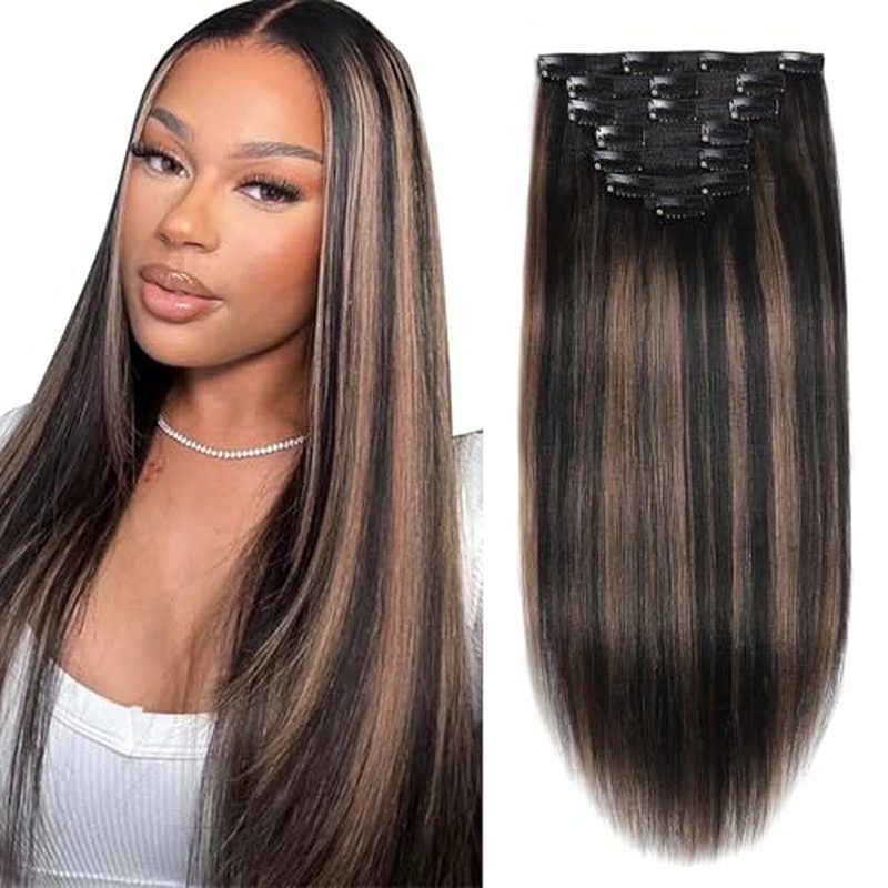 Loxxy Light Yaki Clip Ins Human Hair, Natural Black Mixed Chestnut Brown Color, Natural Look Yaki Straight Clip Ins Ideal for Black Women 22 Inches 7Pcs 120g
