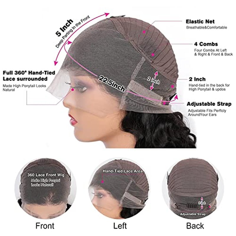 360 Full Lace Frontal Wigs Human Hair Body Wave Pre Plucked with Baby Hair Natural Hairline HD Lace Front Wig (22 Inch)