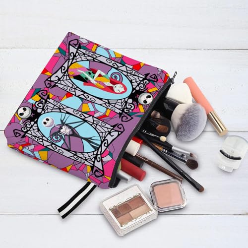 Portable Jack & Sally Themed Makeup Bag, Before Xmas Nightmare Cosmetic Bag, Jack Skellington & Sally Portable Travel Cosmetic Organizer- Cotton & Linen, Water-Resistant, 9.8x7 Inches