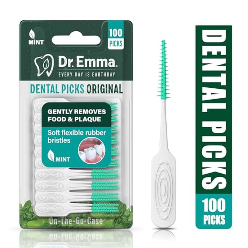 Dr. Emma Original Dental Picks Mint Soft Rubberized Tooth Picks Easy to Use Brush Picks 100Ct/Pack, 2 Packs (200Ct)